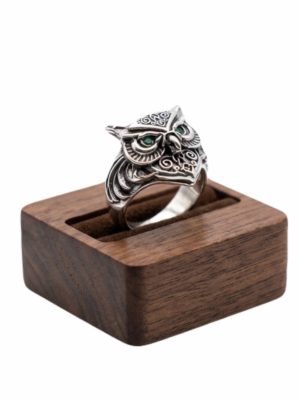 New Hand Carved Distressed Retro Green Sapphire Stainless Steel Silver Owl Ring